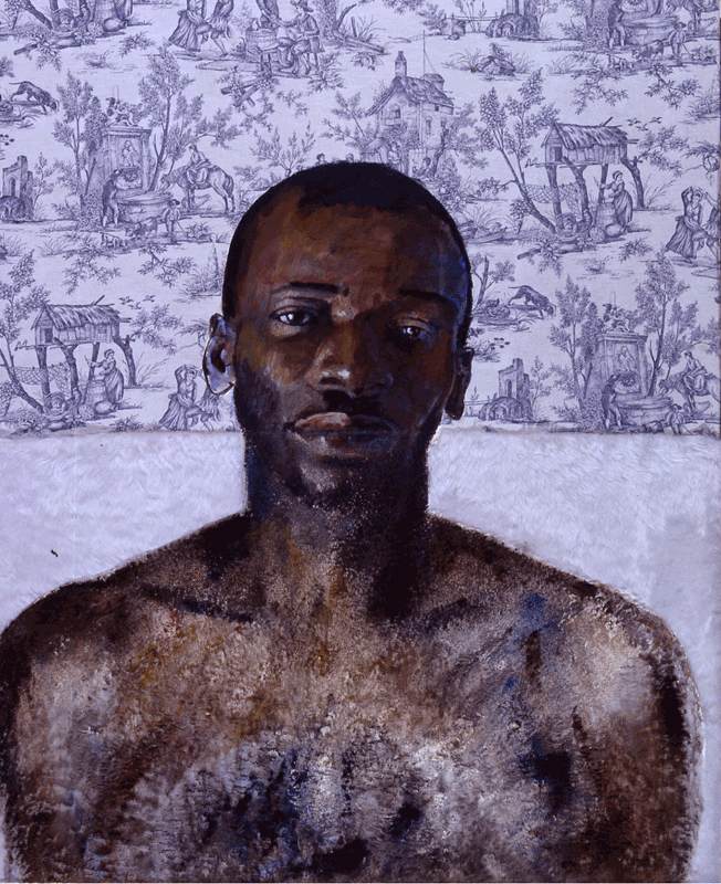 Portrait of a young Chadian on toie de jouy and white fur